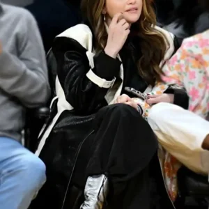 Selena Gomez Black and White Leather Coat