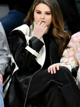 Selena Gomez Black and White Leather Coat