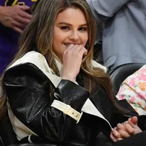 Selena Gomez Black and White Leather Coat