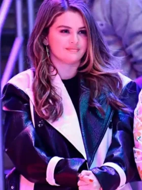 Selena Gomez Black and White Leather Coat