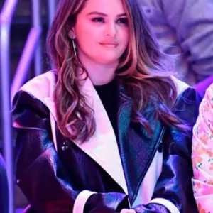 Selena Gomez Black and White Leather Coat