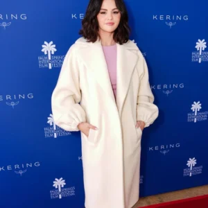 Selena Gomez Palm Springs White Wool Coat