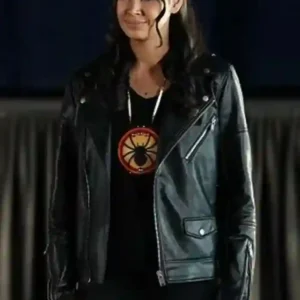 Shoresy S2 Keilani Rose Black Leather Jacket Front Look