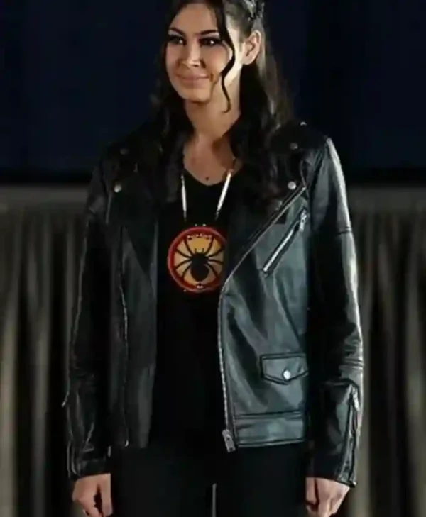 Shoresy S2 Keilani Rose Black Leather Jacket Front Look