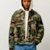 Stussy Utility Work Jacket Woodland Camo Wearing a Women