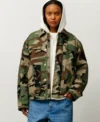 Stussy Utility Work Jacket Woodland Camo Wearing a Women