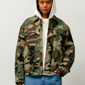 Stussy Utility Work Jacket Woodland Camo Wearing a Women