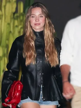 Sydney Sweeney 2025 Black Leather Jacket Side