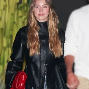 Sydney Sweeney 2025 Black Leather Jacket Side