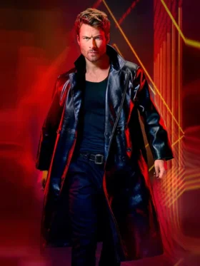The Running Man Glen Powell Leather Coat Side