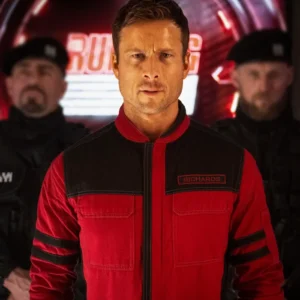 The Running Man Glen Powell Red Jacket Side