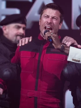 The Running Man Glen Powell Red Jacket