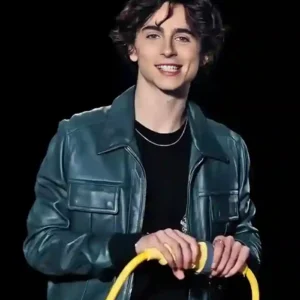 Timothée Chalamet Bomber Green Leather Jacket Front Look