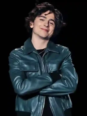 Timothée Chalamet Bomber Green Leather Jacket Front Look