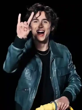 Timothée Chalamet Bomber Green Leather Jacket Front Look