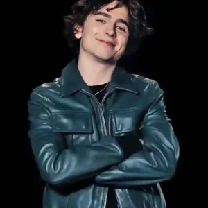 Timothée Chalamet Bomber Green Leather Jacket Front Look