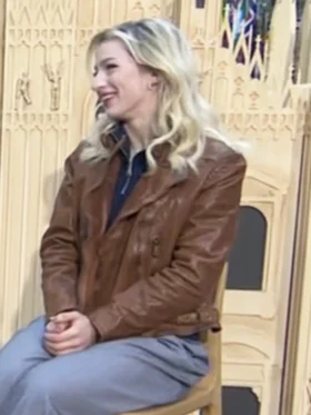 Today Amber Glenn Brown Leather Jacket Front