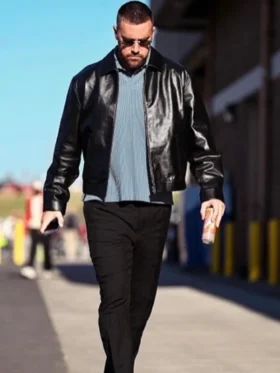 Travis Kelce Black Leather Jacket Front