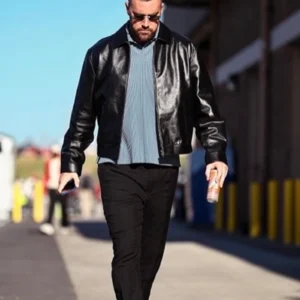 Travis Kelce Black Leather Jacket Front