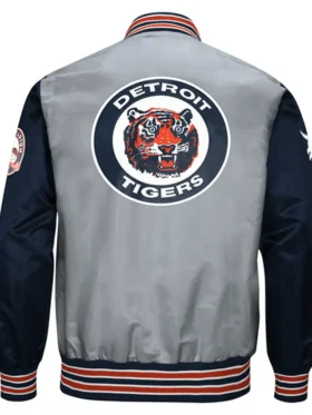Detroit Tigers Navy and Gray Varsity Satin Jacket Back Look