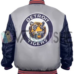 Detroit Tigers Navy and Gray Varsity Satin Jacket back van