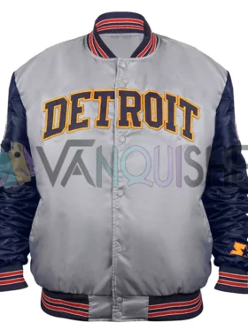 Detroit Tigers Navy and Gray Varsity Satin Jacket front van
