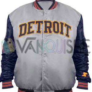Detroit Tigers Navy and Gray Varsity Satin Jacket front van
