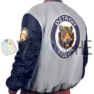 Detroit Tigers Navy and Gray Varsity Satin Jacket left back van