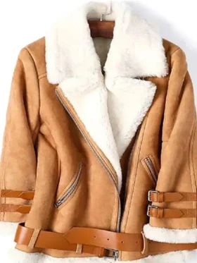 Ellie Goulding B3 Brown Shearling Leather Jacket Front Look
