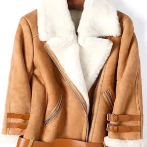 Ellie Goulding B3 Brown Shearling Leather Jacket Front Look