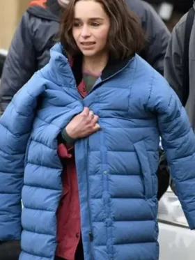 Emilia Clarke Secret Invasion Blue Puffer Coat