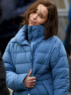 Emilia Clarke Secret Invasion Blue Puffer Coat