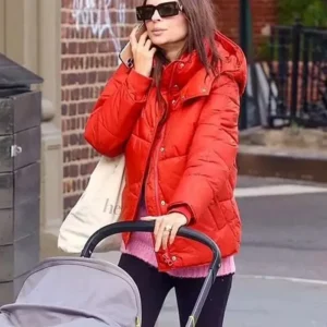 Emily Ratajkowski Orange Puffer Jacket