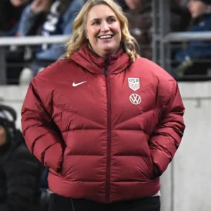 Emma Hayes Maroon Puffer Hooded Jacket Side