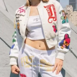 First Row Art Dealer Cropped Cream Varsity Jacket