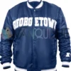 Georgetown Hoyas Navy Satin Varsity Jacket Front Look
