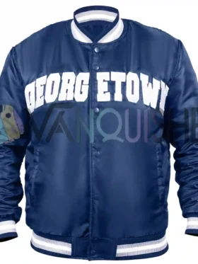 Georgetown Hoyas Navy Satin Varsity Jacket Front Look