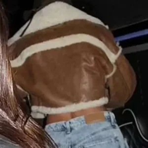 Hailey Bieber Brown Shearling Jacket Back Look