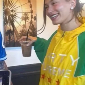 Hailey Bieber Marty Supreme Brazil Jacket