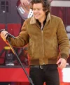 Harry Styles Suede Leather Bomber Jacket With Fur Collar