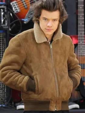 Harry Styles Suede Leather Bomber Jacket With Fur Collar