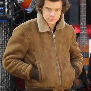Harry Styles Suede Leather Bomber Jacket With Fur Collar