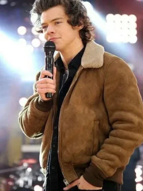 Harry Styles Suede Leather Bomber Jacket With Fur Collar