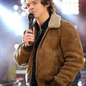 Harry Styles Suede Leather Bomber Jacket With Fur Collar