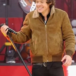 Harry Styles Suede Leather Bomber Jacket With Fur Collar