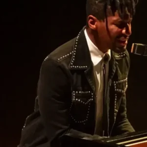 Jon Batiste Milan 2025 Black Denim Jacket Side Look