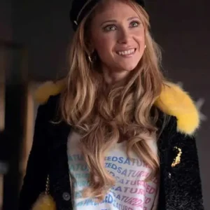 Juno Temple Ted Lasso Fur Jacket Front look