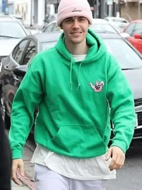 Justin Bieber Green Hoodie Front Look
