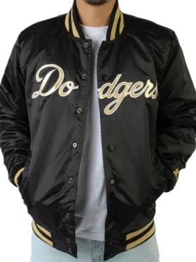 LA Dodgers Gold Patches Satin Jacket Back