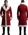 Luxury Red Fur Trim Embroidered Long Christmas Coat for Men